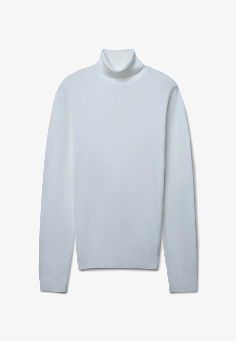 Maglione dolcevita azzurro chiaro con maniche lunghe, realizzato in un tessuto morbido. Presenta un colletto aderente e polsini in costina sui polsi e sull'orlo.