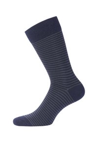 Chaussettes rayées bleu marine avec une bordure côtelée, fabriquées en tissu doux. Présentent des rayures sombres et claires alternées pour ajouter de la texture.