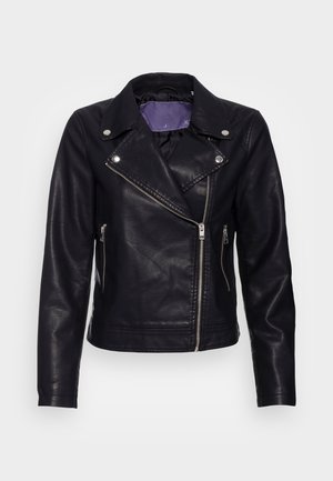 Black leather motorcycle jacket with a folded collar, asymmetrical zipper, and silver hardware. Features zippered pockets and a silk lining.