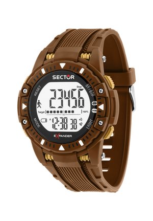 Orologio sportivo digitale marrone con contapassi, display dell'ora e pulsanti etichettati per reset, modalità, start/stop e funzioni luce.