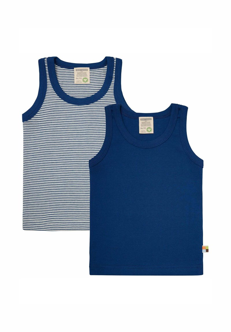 Due magliette: una di un blu scuro uniforme, l'altra a righe blu e bianche. Entrambe presentano scolli rotondi, sono senza maniche e realizzate in morbido cotone.