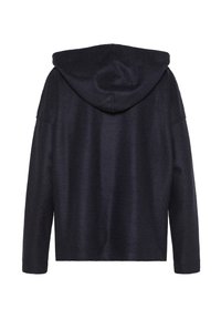 Navy hoodie med avslappnad passform, som har en mjuk textur och långa ärmar. Bakvyn framhäver en minimalistisk design utan utsmyckningar.