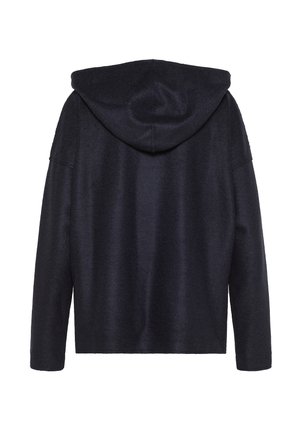 Námořnická mikina s kapucí v uvolněném střihu, s měkkou texturou a dlouhými rukávy. Pohled zezadu zvýrazňuje minimalistický design bez ozdob.