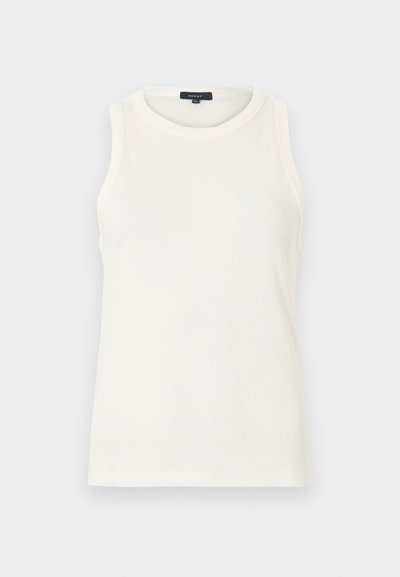 Débardeur blanc sans manches avec encolure ronde, bords côtelés et petite étiquette de marque à l'intérieur du col arrière.