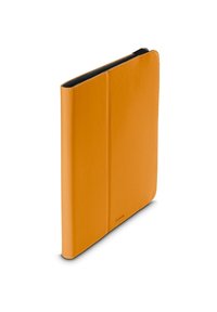 Orange Leder-Tablet-Hülle mit einem eleganten Design, das eine glatte Textur und einen faltbaren Deckel aufweist. Schwarze Innenauskleidung mit dezentem Branding.
