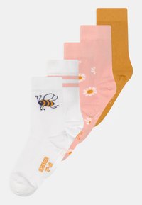 Fem par ankelstrømper: hvide med et bi-design, lyserøde med blomster, ensfarvet lyserød, ensfarvet orange-brun, alle i bomuldsblanding med ribbede manchetter.