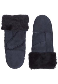 Moufles en daim bleu marine avec un doux poignet en fourrure noire. Comprend un pouce latéral et des coutures contrastées, conçues pour la chaleur et le confort.