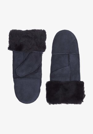 Námornícke semišové rukavice s mäkkým čiernym kožušinovým lemom. Obsahujú postranný palec a kontrastné prešívanie, navrhnuté pre teplo a pohodlie.