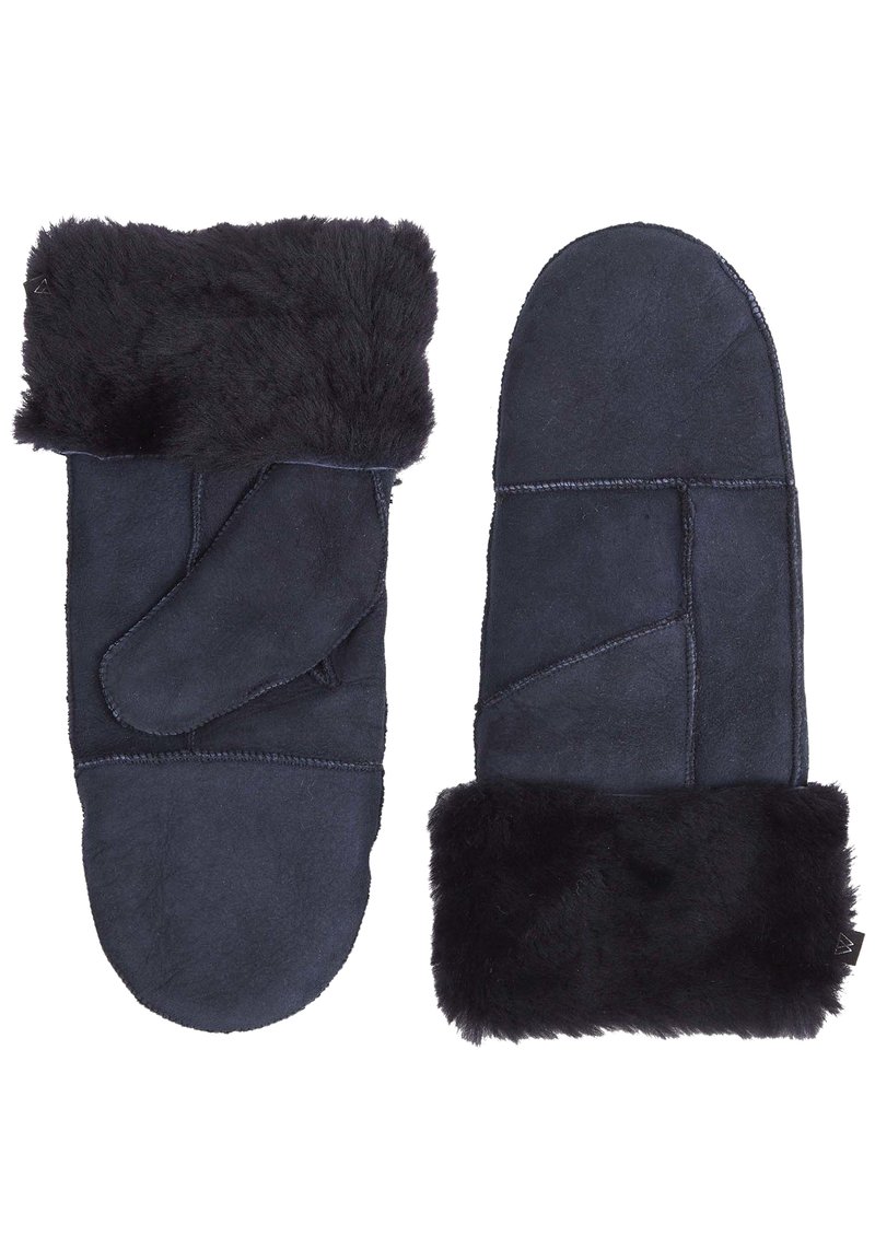 Moufles en daim bleu marine avec un doux poignet en fourrure noire. Comprend un pouce latéral et des coutures contrastées, conçues pour la chaleur et le confort.