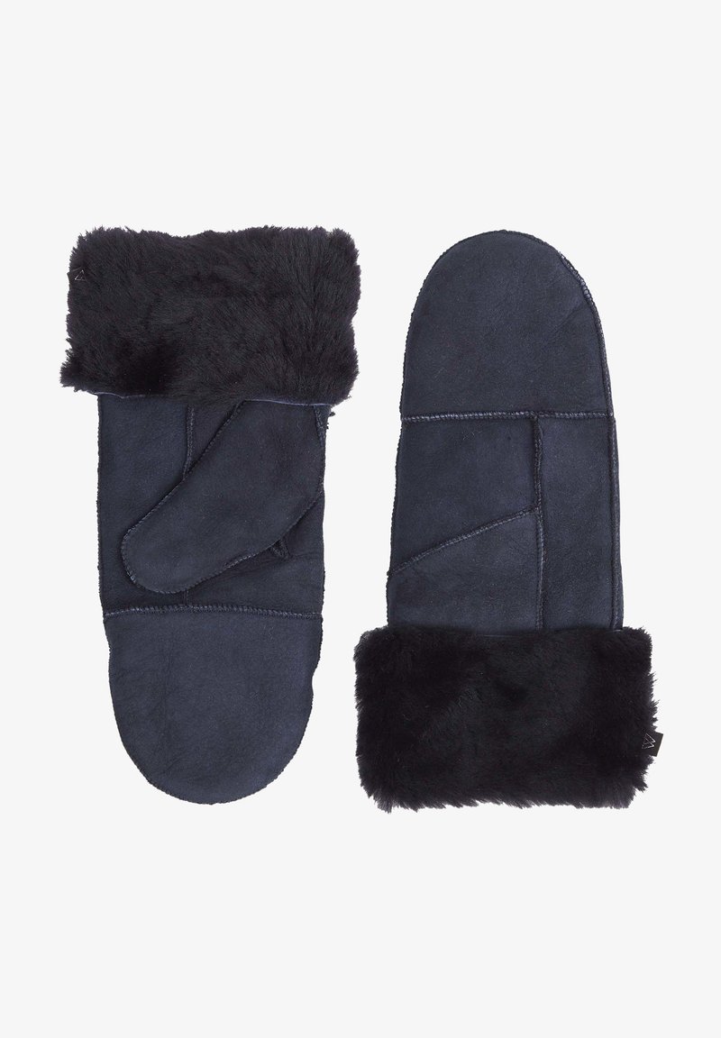 Moufles en daim bleu marine avec un doux poignet en fourrure noire. Comprend un pouce latéral et des coutures contrastées, conçues pour la chaleur et le confort.