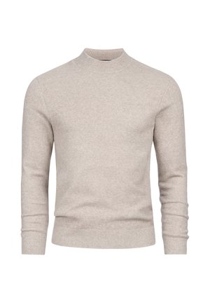 Suéter de pullover de color beige claro, hecho de un suave tejido de punto; presenta un cuello redondo acanalado y puños acanalados en las mangas y el dobladillo.