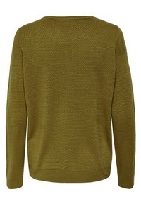 Maglione lavorato a maglia in verde oliva con un motivo a nido d'ape, colletto rotondo e maniche lunghe; vestibilità comoda con orlo dritto.