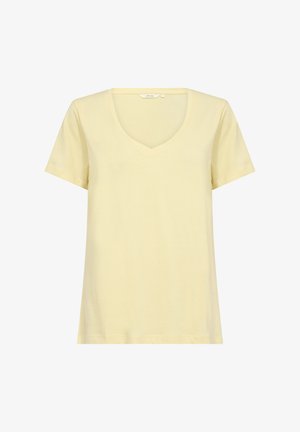 Geel t-shirt met korte mouwen en een V-hals ontwerp, gemaakt van zachte stof, met een ontspannen pasvorm en een eenvoudige constructie.