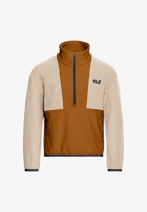 Dviejų atspalvių rudos ir smėlio spalvos fliso megztinis su aukštu apykakliu, pusiau užtrauktuku priekyje ir „Jack Wolfskin“ logotipu kairėje krūtinės pusėje.
