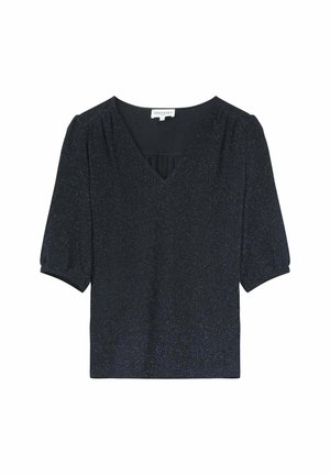 Top nero a scollo a V con maniche corte a sbuffo, realizzato in tessuto testurizzato e scintillante. Presenta un dettaglio arricciato all' altezza del collo.