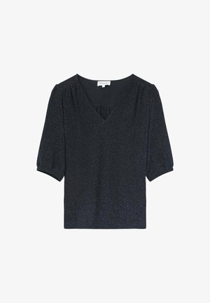 Top nero a scollo a V con maniche corte a sbuffo, realizzato in tessuto testurizzato e scintillante. Presenta un dettaglio arricciato all' altezza del collo.