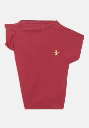 Red, short-sleeved top with a unique asymmetrical neckline. Features a small, gold bee logo on the chest. Made of soft, textured fabric.