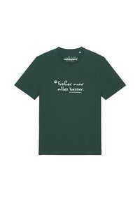 Donkergroen katoenen t-shirt met korte mouwen en ronde hals. Voorzien van witte tekst die op de voorkant is gedrukt: "Früher war alles besser."