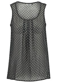 Top negro sin mangas hecho de una tela transparente, con lunares blancos, escote redondeado y pliegues para un diseño fluido.