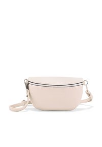 Borsa rotonda color crema realizzata in pelle sintetica, dotata di una chiusura a zip superiore e di una tracolla removibile. Delicato dettaglio di branding embossato sul davanti.