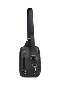 Borsa a tracolla in pelle nera con superficie testurizzata, tracolla regolabile, tasca frontale con zip e dettagli in metallo. Forma rettangolare.