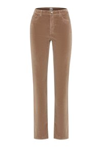Bruine corduroy broek met een recht ontwerp, voorzien van een knoop- en ritssluiting, vijf zakken en een gestructureerd oppervlak.