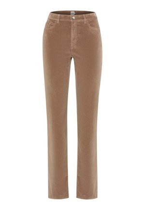 Braune Cordhose mit geradem Bein, ausgestattet mit einem Knopf- und Reißverschluss, fünf Taschen und einer strukturierten Oberfläche.
