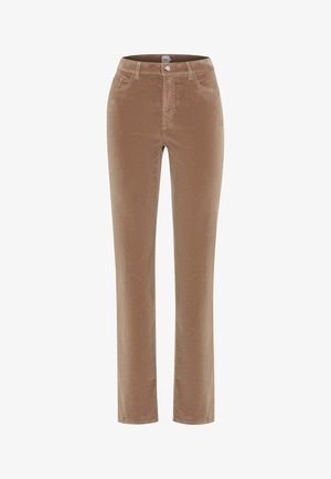 Braune Cordhose mit geradem Bein, ausgestattet mit einem Knopf- und Reißverschluss, fünf Taschen und einer strukturierten Oberfläche.