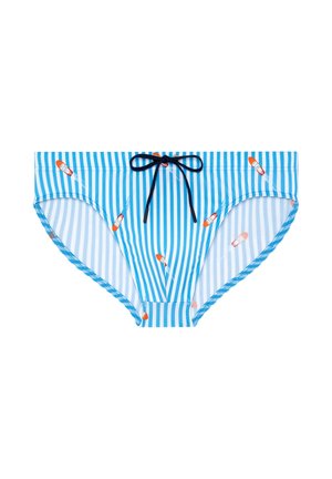 Blaue und weiße, vertikal gestreifte Badehosen mit kleinen orangefarbenen Raketenmustern und einem schwarzen Kordelzug, der vorne in der Mitte gebunden ist.