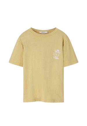 Light yellow short-sleeve t-shirt with small white graphic of a character under an umbrella holding a drink on the left chest.