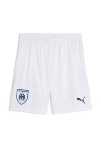 Valged sportlikud lühikesed püksid, mis on valmistatud kergest materjalist, sinise broderiga Marseillese logo ja sinise Puma logo külgedel.