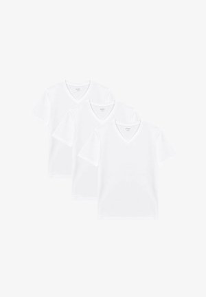 Three white V-neck t-shirts made of cotton. Short sleeves, smooth texture, and a classic fit with no visible patterns or accents.