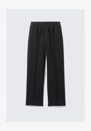 Black wide-leg trousers made of a smooth fabric. Features an elastic waistband and two side pockets. Tailored design with front pleats.