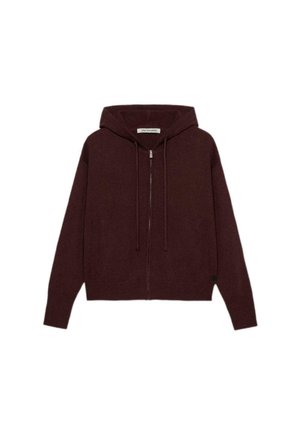 Burgunderfarbene Zip-Hoodie aus einem weichen Strickmaterial mit Kapuze mit Zugband, gerippten Bündchen und vorderen Taschen. Strukturierte Stoffdetails.