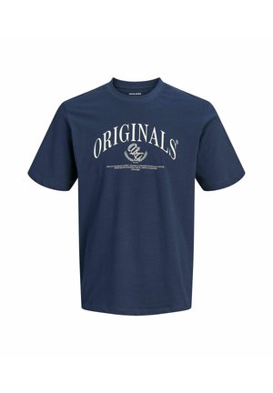 Marineblå t-shirt med korte ærmer med hvid tekst "ORIGINALS" og et dekorativt logo centreret foran.