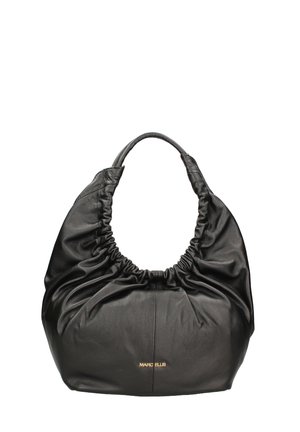 Zwarte leren hobo-tas met een geplooide textuur, ronde handgreep en zichtbare branding. Zachte afwerking met een gestructureerde bodem.