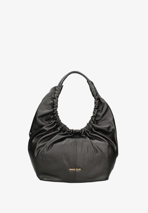 Zwarte leren hobo-tas met een geplooide textuur, ronde handgreep en zichtbare branding. Zachte afwerking met een gestructureerde bodem.