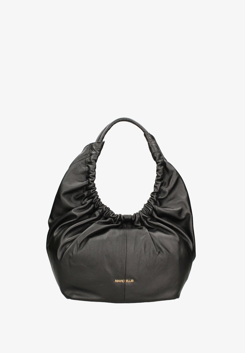 Borsa hobo in pelle nera con texture arricciata, manico arrotondato e marchio visibile. Finitura morbida con base strutturata.