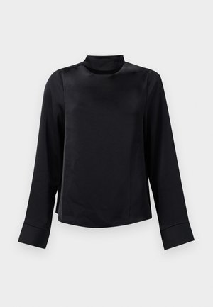 Top preto de mangas longas com gola alta. Textura suave, corte descontraído e punhos largos. Design minimalista, sem fechos ou padrões visíveis.