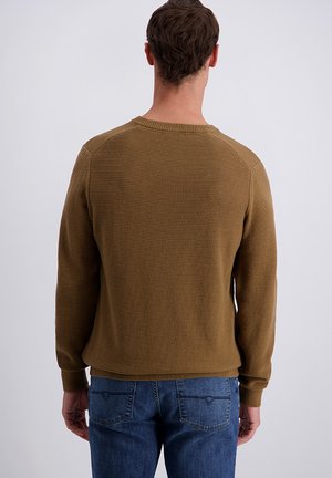Mann trägt einen braunen strukturierten Langarmpullover und blaue Jeans, steht mit dem Rücken zu einem schlichten hellen Hintergrund.