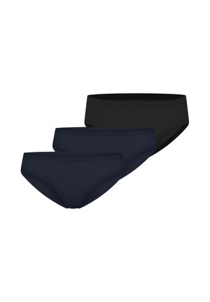 Trois slips unis de couleur noire et bleu foncé sans motifs ni logos sur fond blanc.