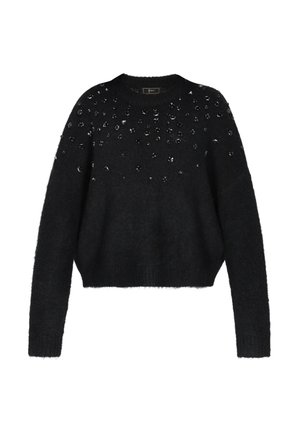 Černý zkrácený svetr vyrobený z měkkého, chlupatého materiálu, s kulatým výstřihem a ozdobený rozptýlenými černými flitry na přední straně.