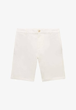 Witte katoenen shorts met een rechte snit, voorzien van een vooraan dichtknop en twee zijzakken. Gladde textuur, knielange ontwerp.