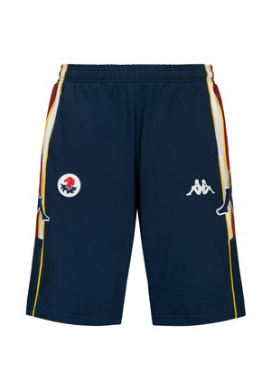 Short sportivi blu navy con vita elastica, con strisce laterali bianche, rosse e gialle e loghi Kappa bianchi sul davanti e sui lati.