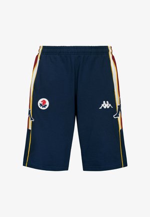 Short sportivi blu navy con vita elastica, con strisce laterali bianche, rosse e gialle e loghi Kappa bianchi sul davanti e sui lati.
