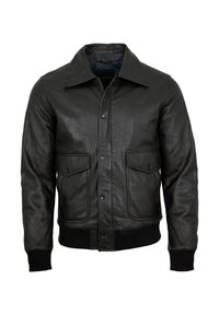 Schwarze Lederjacke mit einem Kragen, Druckknöpfen, zwei Fronttaschen und gerippten Bündchen sowie Saum für eine taillierte Passform.