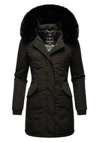 Parka noire avec col en fausse fourrure, fermeture éclair à l'avant, deux poches latérales, coupe cintrée et doublure intérieure à motifs. Tissu résistant.