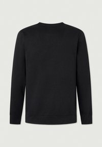 Pull à manches longues noir, col rond, texture lisse, poignets et ourlet côtelés, design simple sans motifs ni accents supplémentaires.