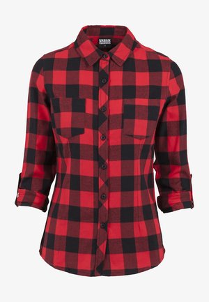 Rot- und schwarzkariertes Flanellhemd, lange Ärmel mit hochgerollten Manschetten, spitzes Kragen, zwei Brusttaschen, durchgehende Knopfleiste, weiche Textur.