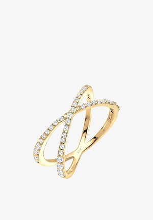 Złoty pierścionek krzyżowy zdobiony dwoma rzędami małych, przezroczystych kamieni szlachetnych wzdłuż obrączek, oznaczony wewnątrz "925" dla srebrnej bazy.